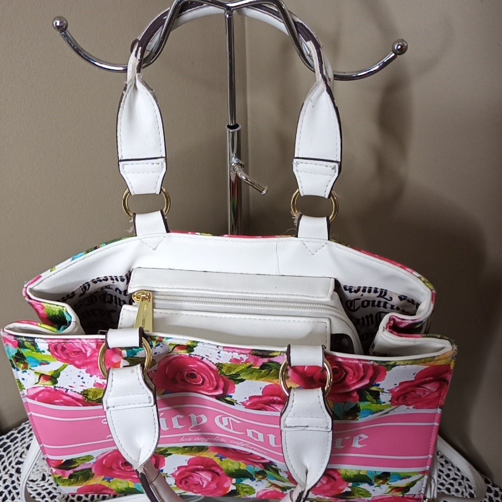Juicy Couture Billboard Tote Bag Purse Crossbody In White & Rose Pink Detail - Picture 5 of 9